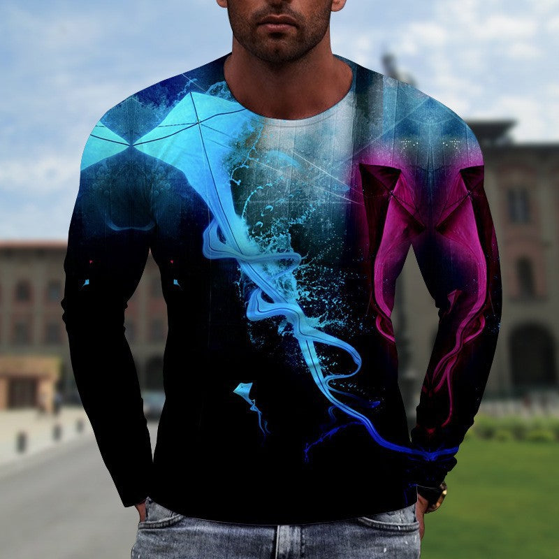 3D Digital Printing Colorful Men's Long Sleeve Round Neck T-shirt